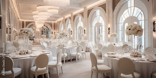  Opulent Wedding Banquet Hall. Luxurious wedding reception venue with elegant table settings. photo