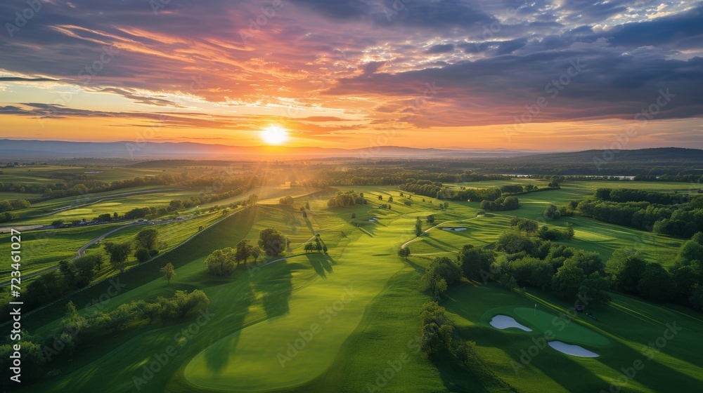Aerial view of dramatic sunset or sunrise and colorful sky over golf field
