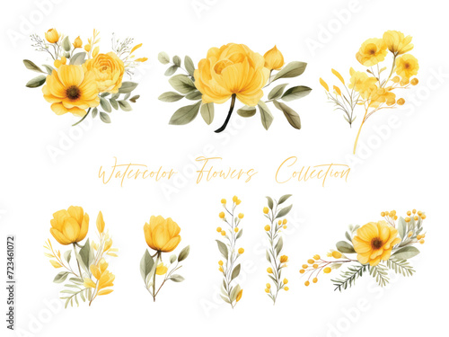set water color flowers, color yellow very detailed, which is suitable for white background wedding templates