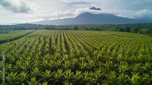 Arial view of palm plantation with mountain in a background