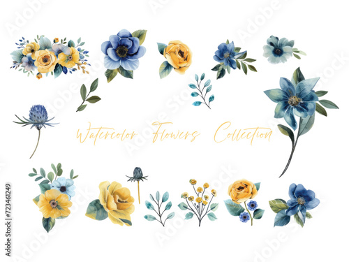 set water color flowers, color yellow very detailed, which is suitable for white background wedding templates © asdir