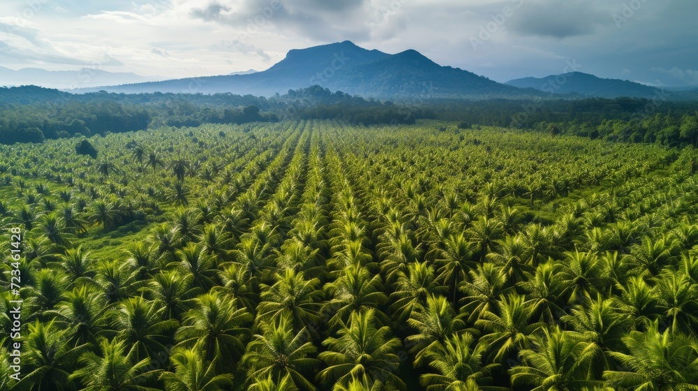 Arial view of palm plantation with mountain in a background Arial view of palm plantation with mountain in a background