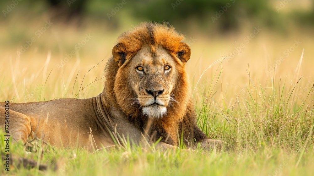 Big male African lion (Panthera leo) lying in the grass Big male African lion (Panthera leo) lying in the grass
