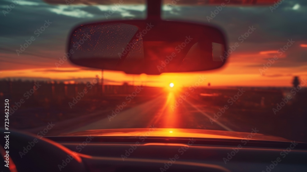 The camera focuses on the cars rearview mirror capturing the fading sunset in the distance as the car continues its journey into the night.