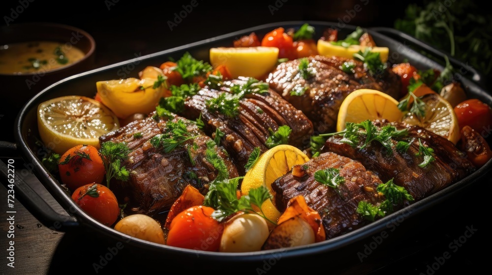 delicious pot roast meat with black and blur background delicious pot roast meat with black and blur background