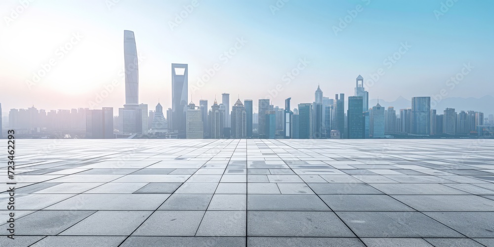 Empty square floor and city skyline with building background Empty square floor and city skyline with building background