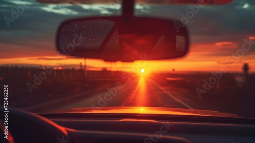 The camera focuses on the cars rearview mirror capturing the fading sunset in the distance as the car continues its journey into the night.