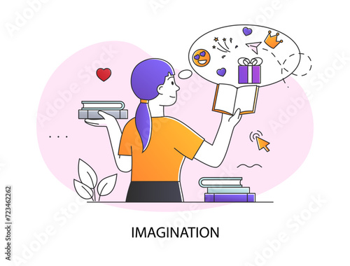Brain activity abstract concept. Thinking and imagination. Young woman reads book and fantasizes. Female character lover of literature. Dreaminess and inspiration. Cartoon flat vector illustration