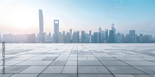 Empty square floor and city skyline with building background