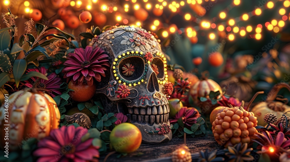 Hispanic heritage sugar skull marigold Festive dia de los muertos background 3d render 3d illustration digital illustration Día de Muertos