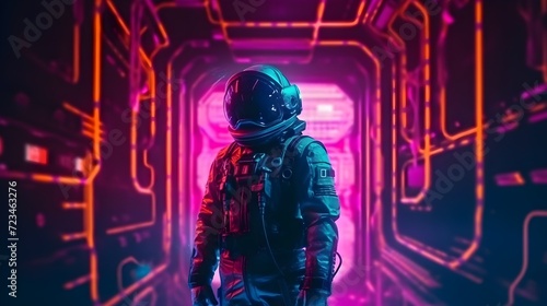 Sci-fi Retrowave space illustration of science fiction scene with mysterious astronaut figure in space suit surrounded by glowing neon tube lights