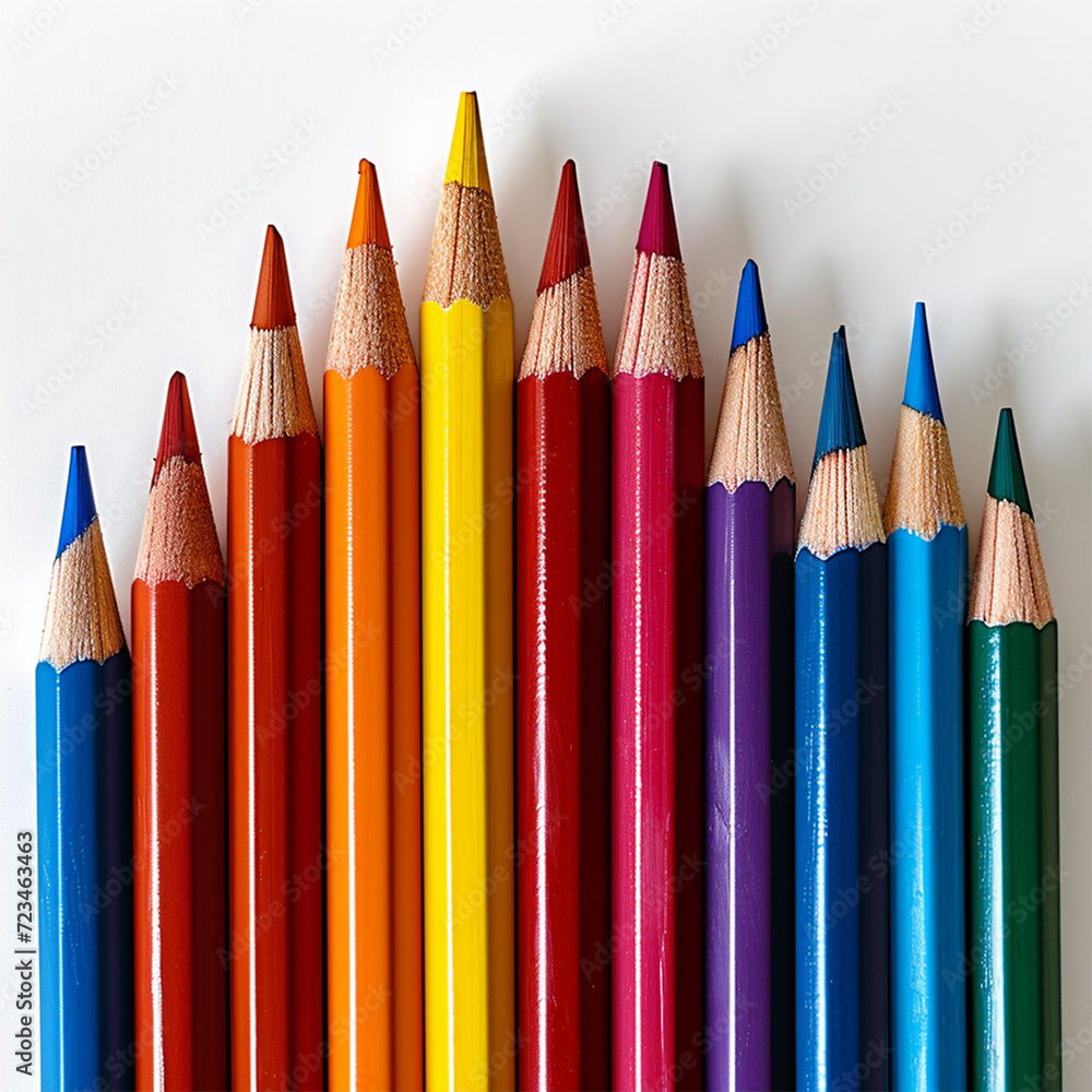 Fototapeta premium A vibrant selection of sharp colored pencils arranged in a row against a white background. 