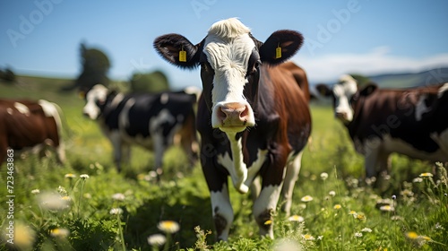 a group of brown and white Holstein cows grazing peacefully in a green field