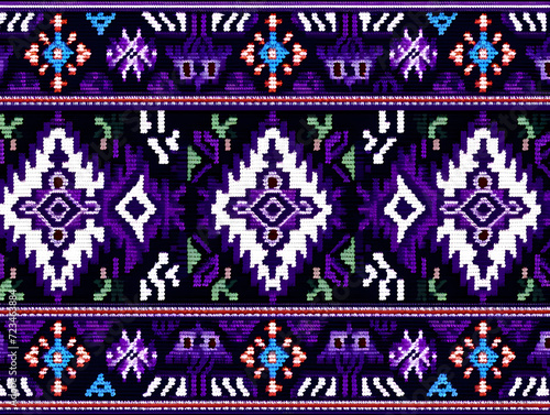 Geometric phapes embroidery on dark blue background. Tribal fabric pattern and cross stitch geometric seamless pattern ethnic oriental traditional. Aztec style illustration design for carpet
