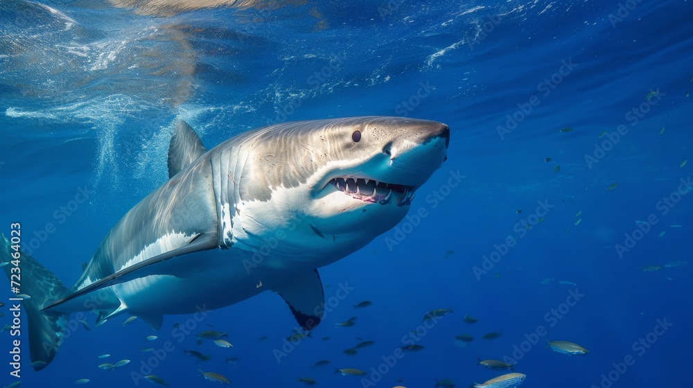 Naklejka premium Great White Shark Underwater Photo in Open Water