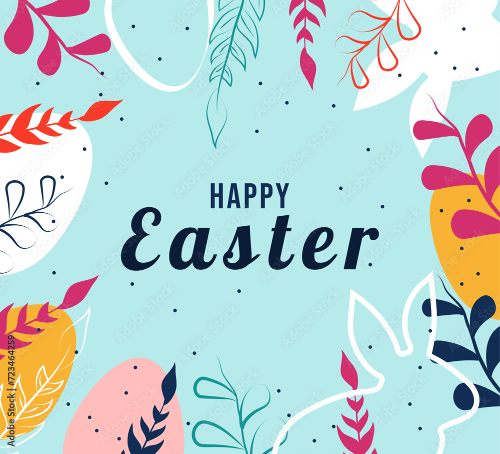 Banner for Happy Easter Day. Eggs, bunny, plants. Flat style. Vector stock illustration. Isolated. Trendy minimalistic design with typography. Template. Greeting card. Frame. Patterned style. Plants