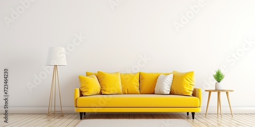 Contemporary yellow couch in white room with wooden floor.