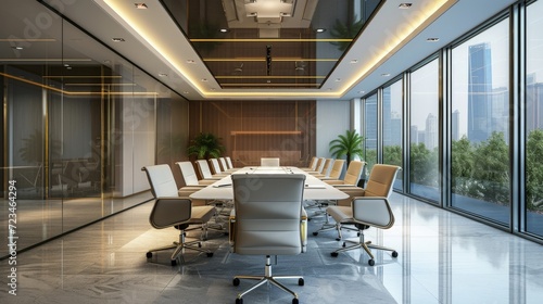 High level meeting of executive room is decorated with stylish table and chairs around. Conference room is ready for next level of executive meeting.