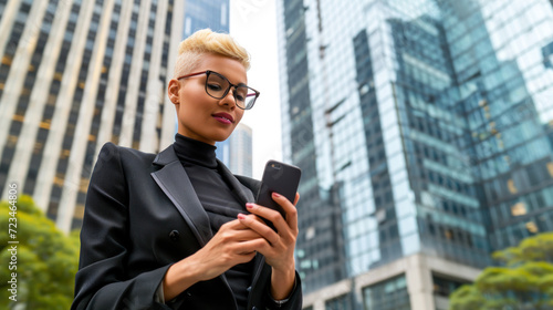 Cheerful pretty young woman in cool eyeglasses and trendy wear walking on metropolis street reading text with good news on smartphone