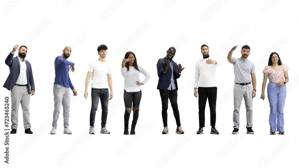 A group of people, in full height, on a white background, are invited to their place A group of people, in full height, on a white background, are invited to their place