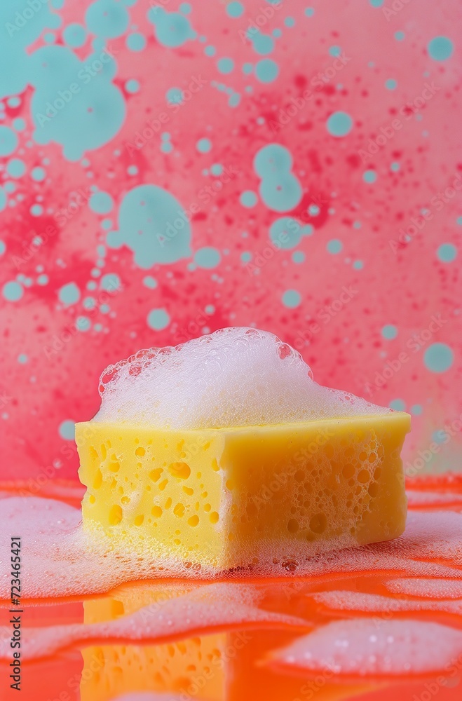 A yellow sponge on a soapy surface in a minimalist style. Dishwashing sponge essential for home care. Sponge for removing residue. A yellow sponge on a soapy surface in a minimalist style. Dishwashing sponge essential for home care. Sponge for removing residue.