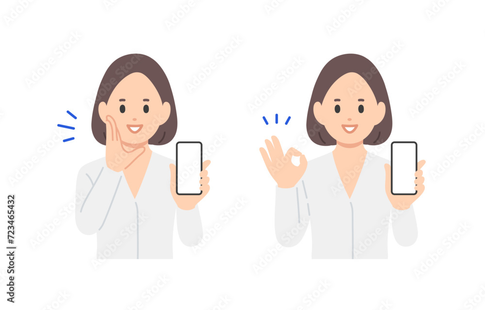 スマホを持ちながら呼びかけ・OKポーズをするビジネスパーソン女性のセット【人物ベクターイラスト素材】 スマホを持ちながら呼びかけ・OKポーズをするビジネスパーソン女性のセット【人物ベクターイラスト素材】