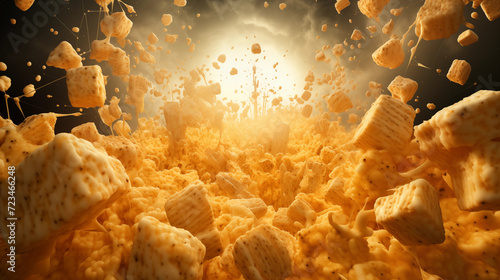 A large powerful explosion of cheese into pieces and smudges.
