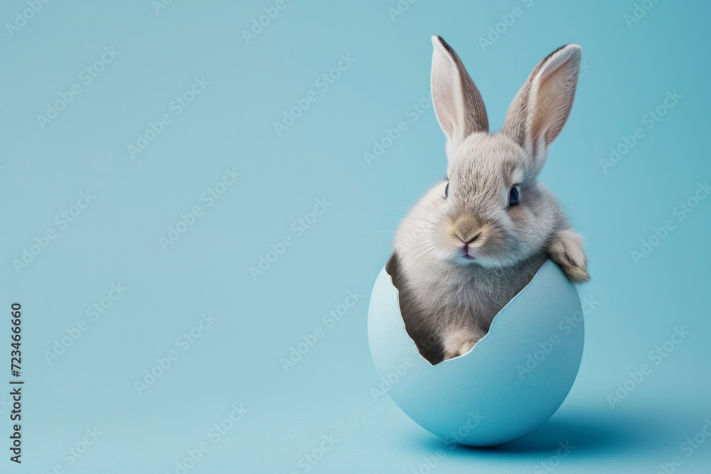 Obraz premium Cute Easter bunny in cracked egg on light blue background