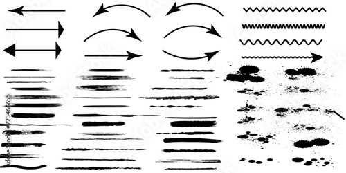Set of paint brush stroke, ink splatter and artistic design elements. Ink splashes. Rough smears and stains. High quality manually traced. Drops blots isolated. Vector isolated elements set. line