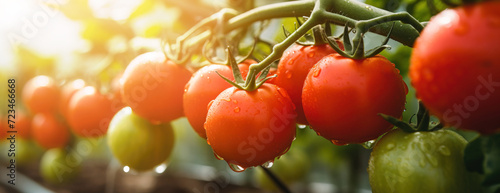 Banner of ripe tomatoes plant growing, close up image with sunbeam light as background with copy space for advertisement