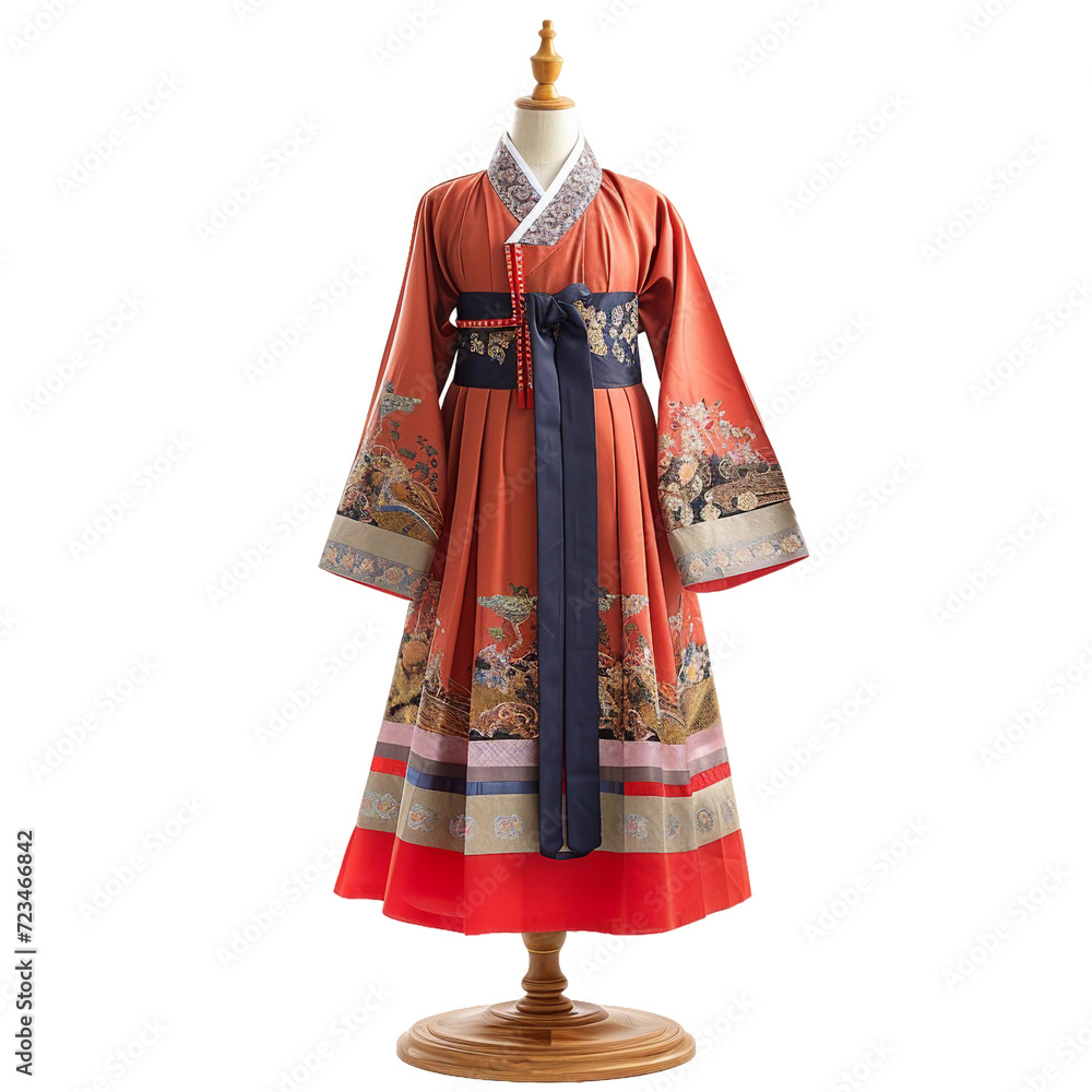Hanbok displayed on mannequin, transparent background, isolated image, generative AI
