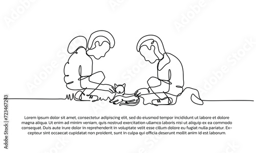 Continuous line design of boy and girl playing with cat. Single line decorative elements drawn on a white background.