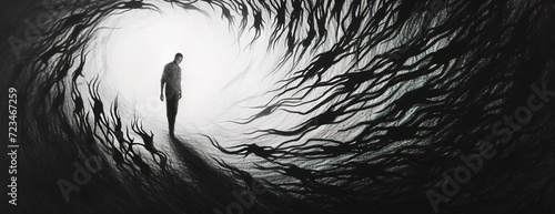 Black and white illustration of person surrounded by dark ghost souls representing anxiety and depression. Mental health concept photo