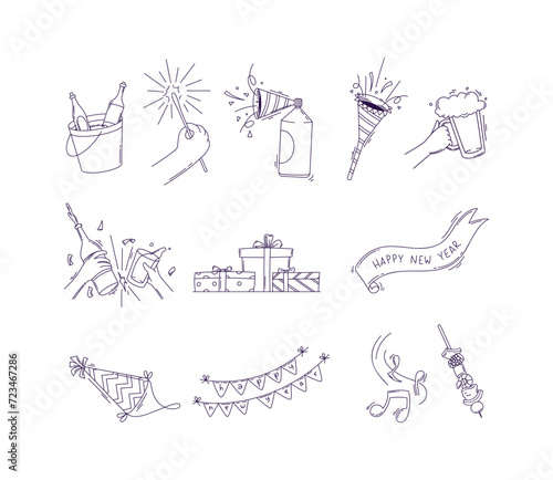 Happy new year party celebration doodle line art vector set illustration