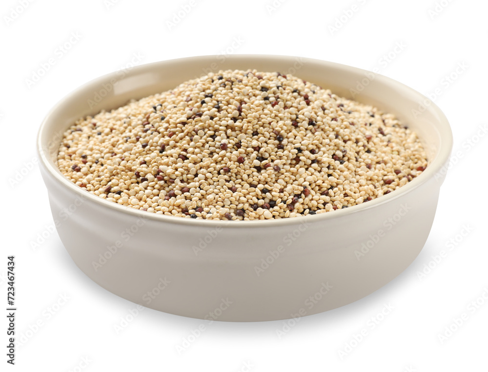 Raw quinoa seeds in bowl isolated on white Raw quinoa seeds in bowl isolated on white