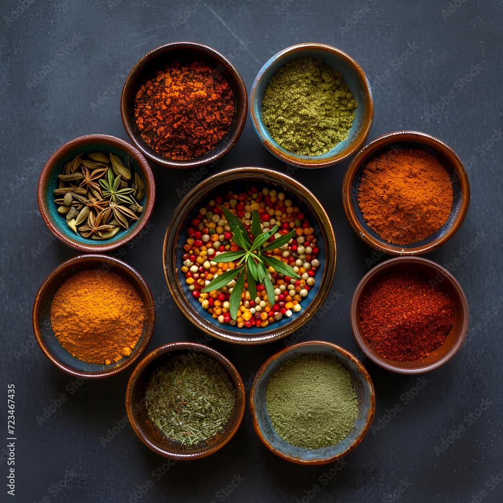 Variety of spices is secret of happiness, powder red chili ,coriander, Turmeric, eastern masala, fry tofu before adding it to the curry, Top view of spices and herbs on a table.
Variety of spices is secret of happiness, powder red chili ,coriander, Turmeric, eastern masala, fry tofu before adding it to the curry, Top view of spices and herbs on a table.