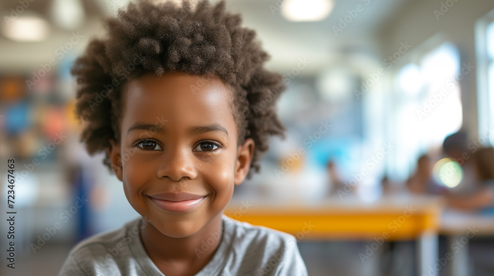 School portrait of a young happy child smiling in a classroom School portrait of a young happy child smiling in a classroom