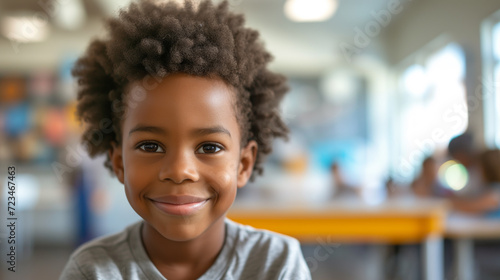 School portrait of a young happy child smiling in a classroom