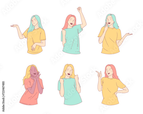 Various behavior pose happy expression woman character. Hand drawn line art style vector design illustrations.