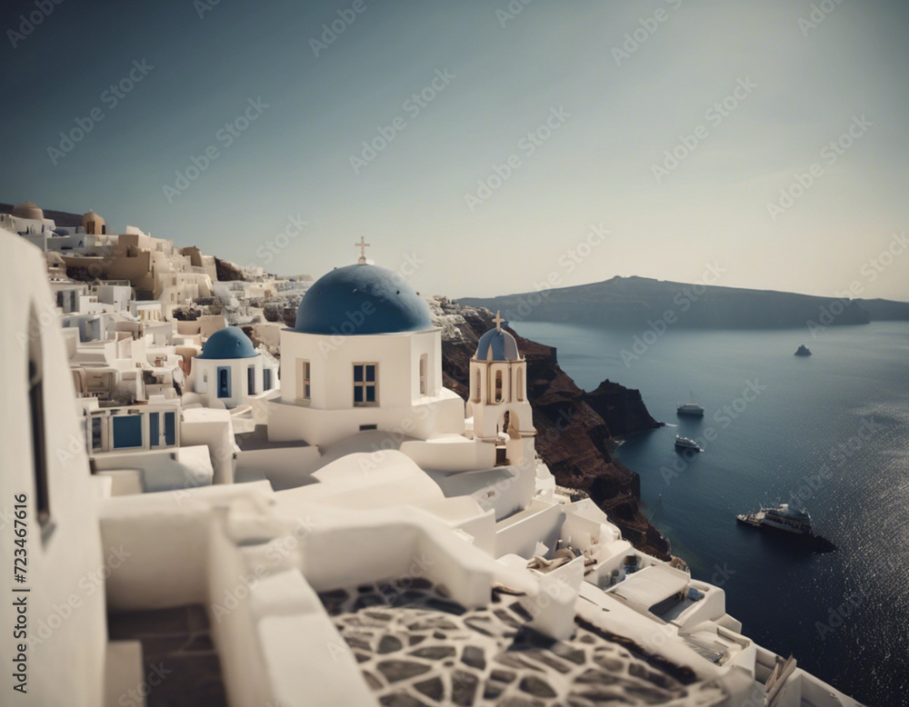 Charming Santorini, island with pristine beaches, and iconic white buildings, Mediterranean, high detail, seascape, cinematic