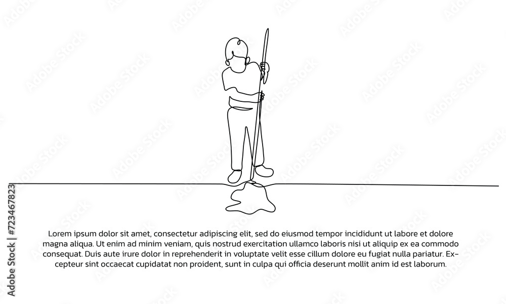 Continuous line design of boy cleaning the floor. Single line decorative elements drawn on a white background. Continuous line design of boy cleaning the floor. Single line decorative elements drawn on a white background.