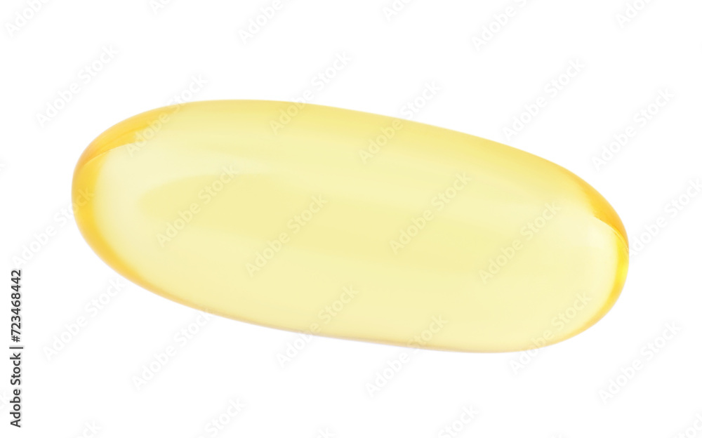 One yellow vitamin capsule isolated on white, top view One yellow vitamin capsule isolated on white, top view