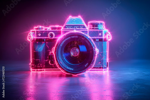 Neon outline of a vintage camera isolated on black background Created with generative AI.