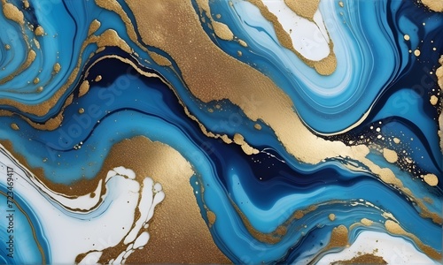 Abstract mixture of white, blue, and gold colors. Fluid art. Designed for background, banner, template, poster, postcard, wallpaper. 