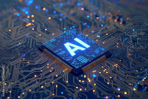 AI processor chip on circuit board, glowing AI microchip, macro photo