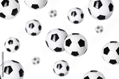 Many soccer balls falling on white background photo
