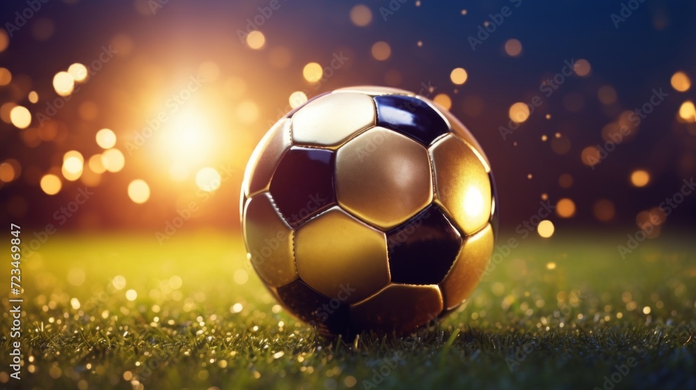 Naklejka premium Golden bokeh lights enhance the magic of a soccer ball resting on the grass, perfect for sports and leisure themes.