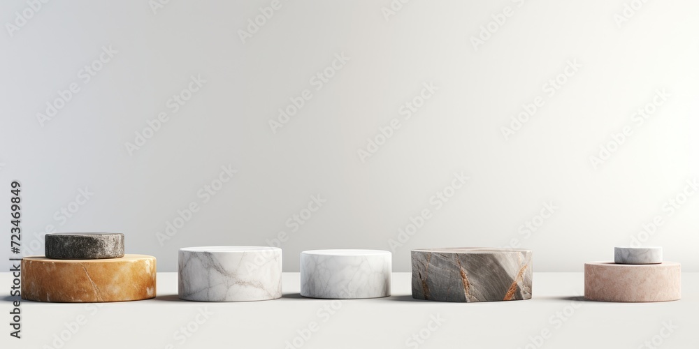 Abstract geometric pedestals on white table for product advertising with copy space. Stone platform mockup.
