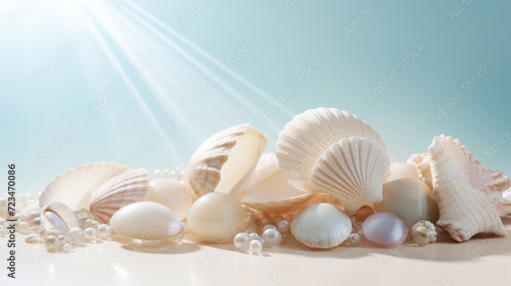 Assortment of delicate seashells and pearls arranged on a soft, sandy background bathed in sunlight.