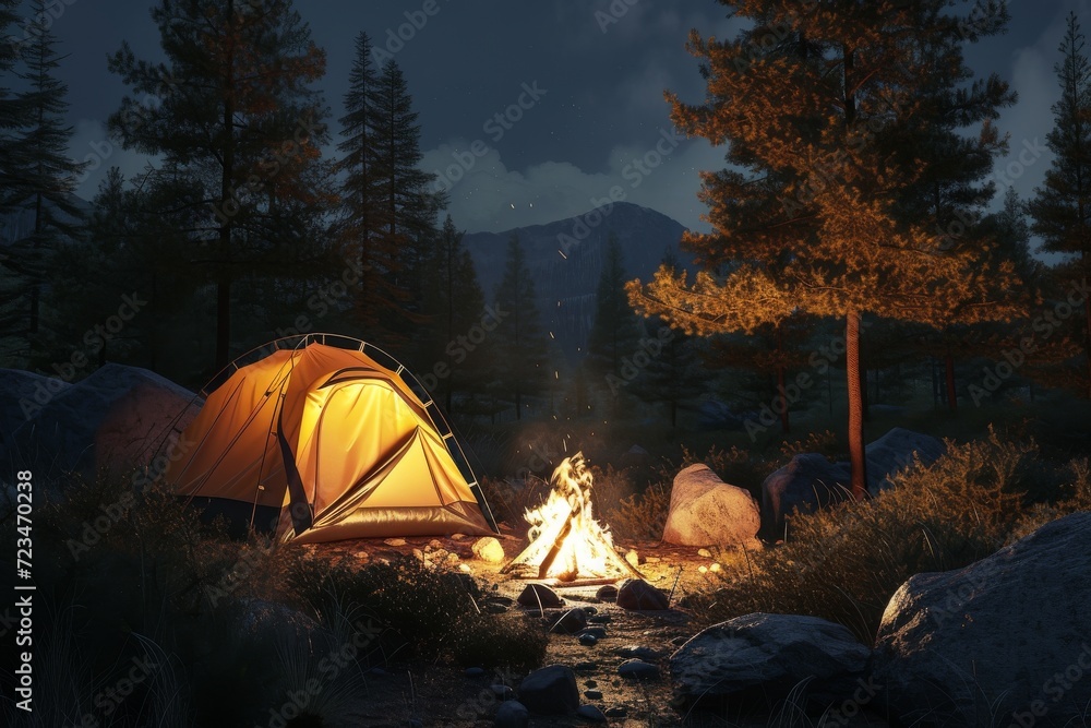 serene campfire glow in peaceful nighttime woods, tent, Generative AI
